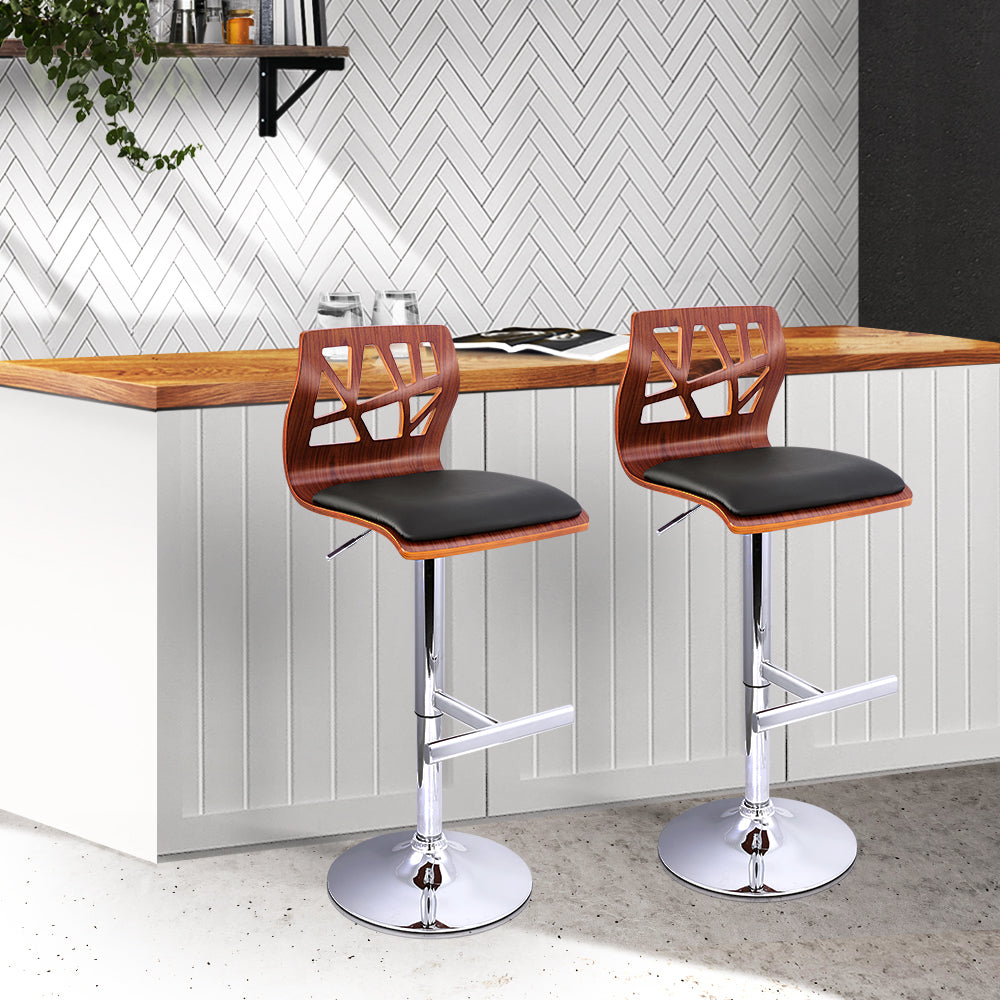 Set of 2 Adjustable Height Wooden Bar Stools with Black Padded Seats