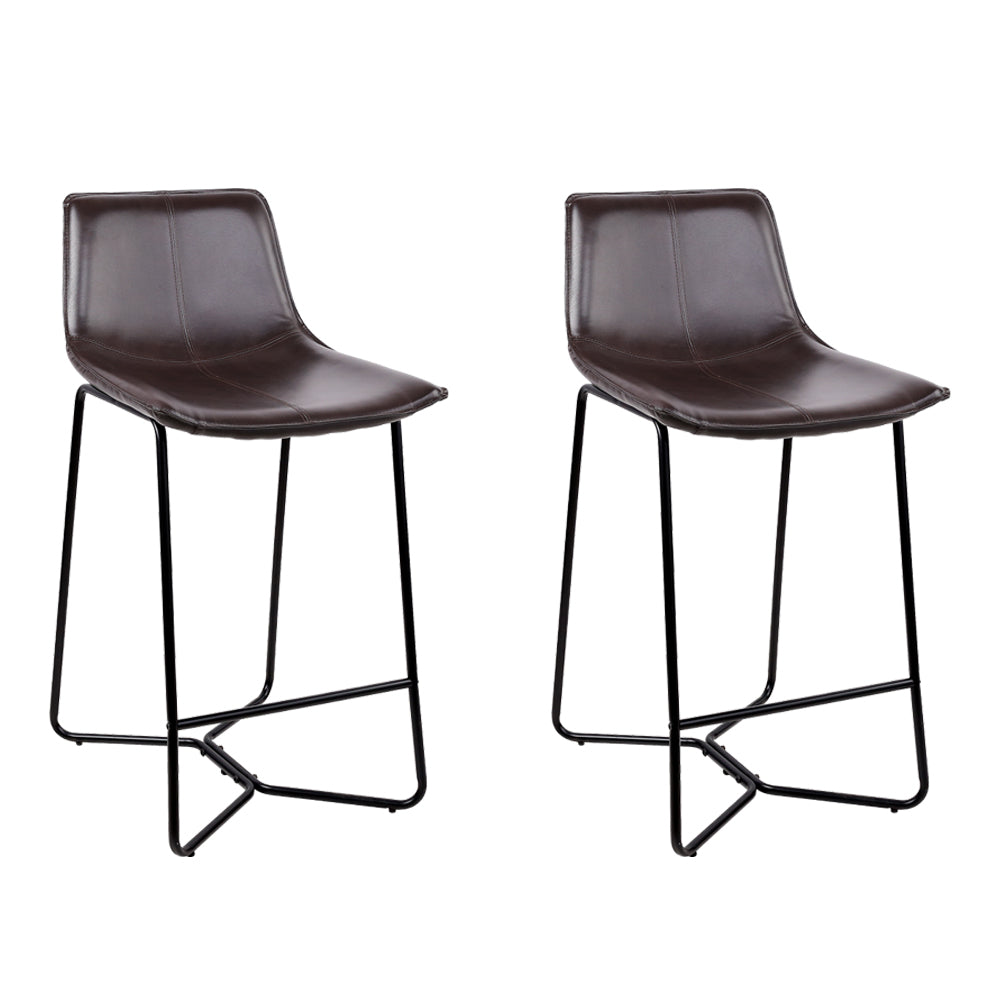 Set of 2 Stylish PU Leather and Metal Bar Stools - Brown and Black Combination