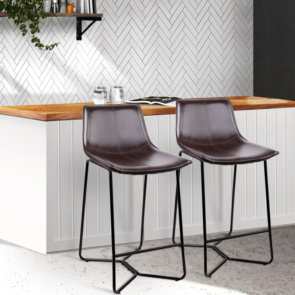 Set of 2 Stylish PU Leather and Metal Bar Stools - Brown and Black Combination