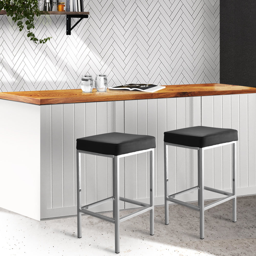 Set of 2 Modern Black PU Leather Backless Bar Stools with Chrome Legs