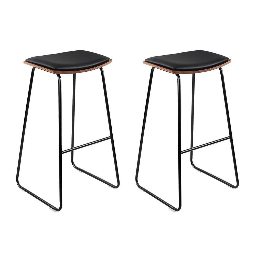 Set of 2 Modern Backless PU Leather Bar Stools - Black and Timber