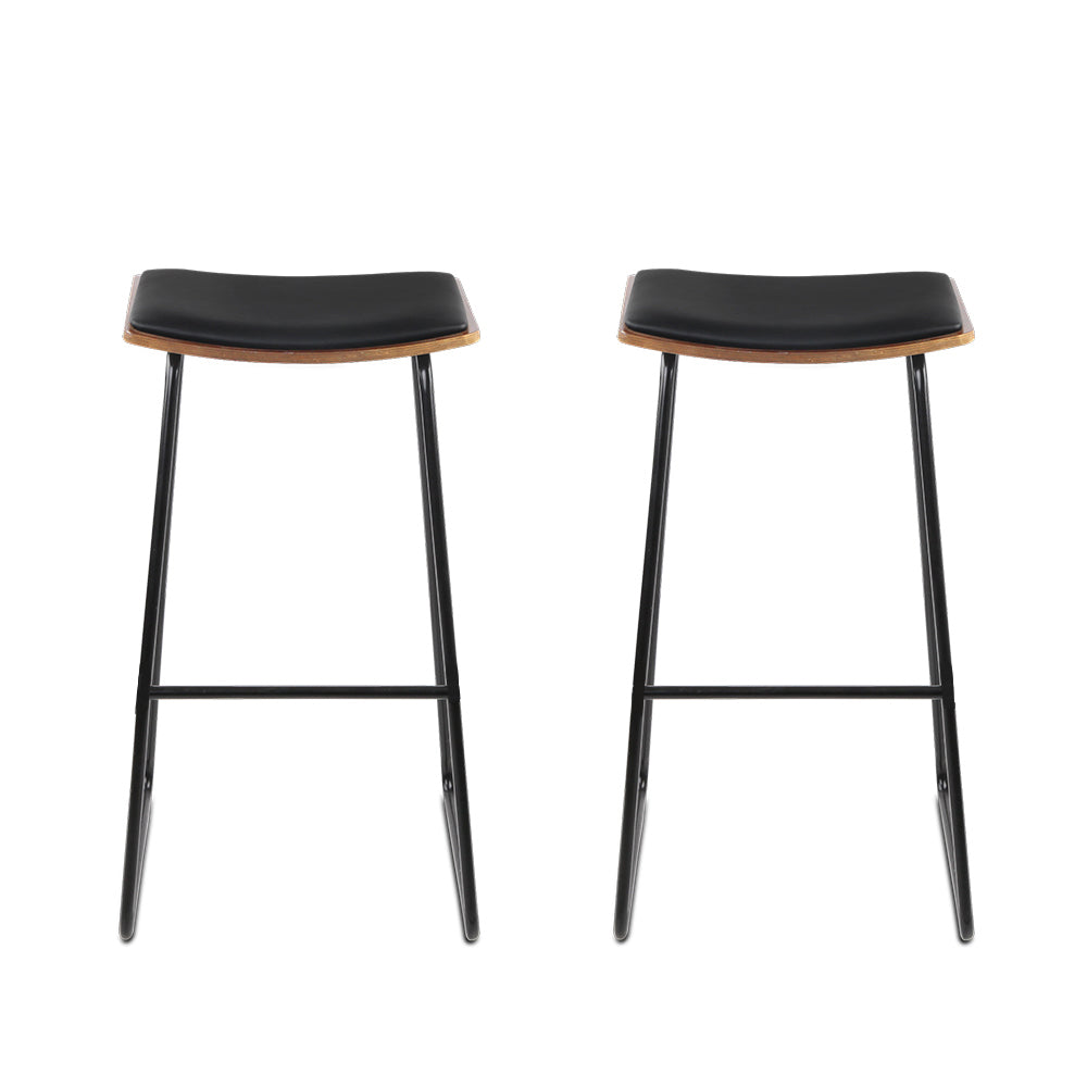 Set of 2 Modern Backless PU Leather Bar Stools - Black and Timber