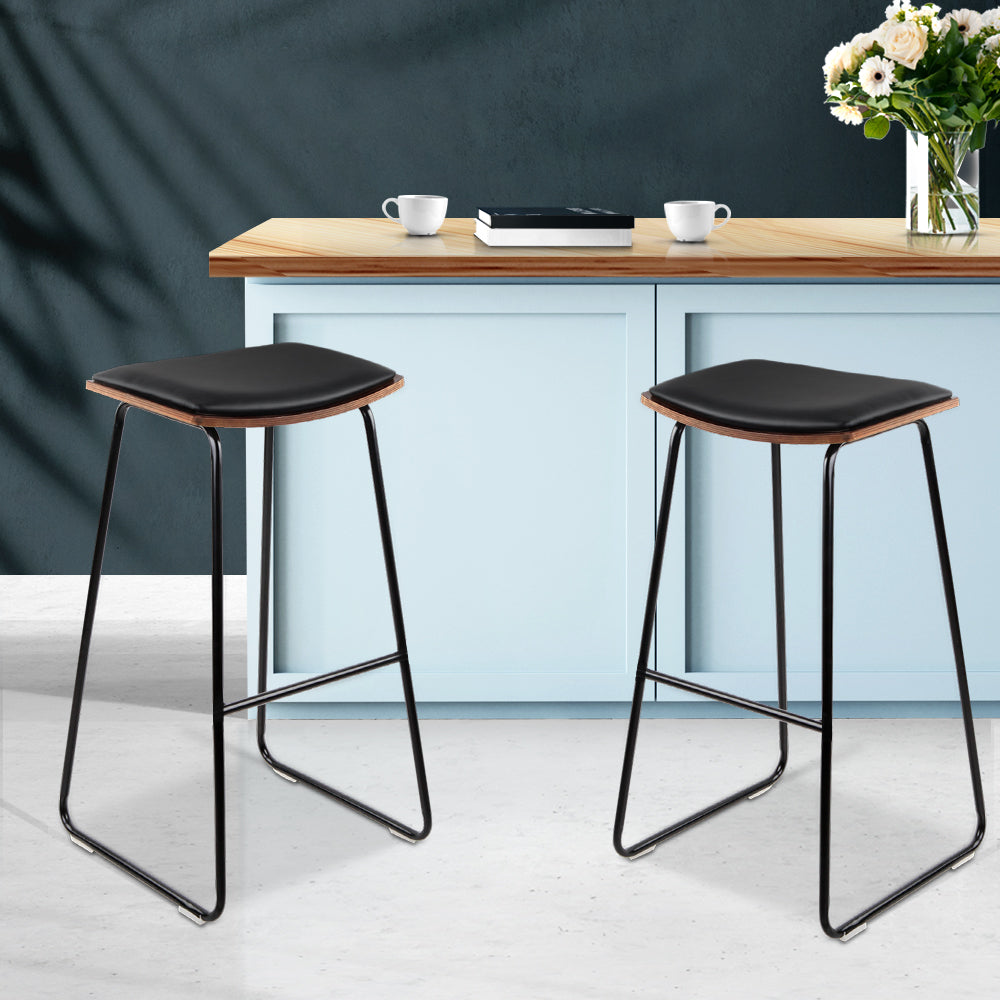 Set of 2 Modern Backless PU Leather Bar Stools - Black and Timber