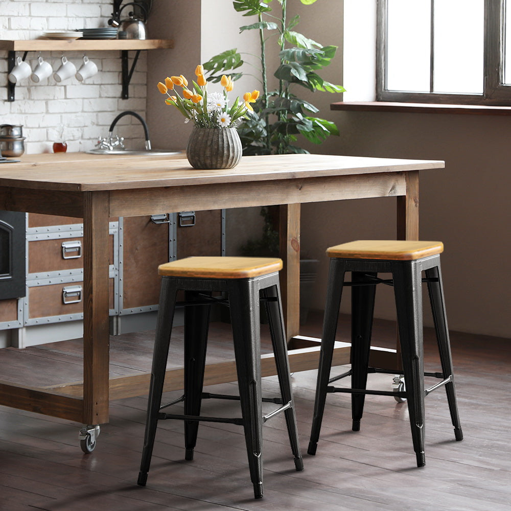 Set of 2 Black Wooden Backless Bar Stools by Artiss