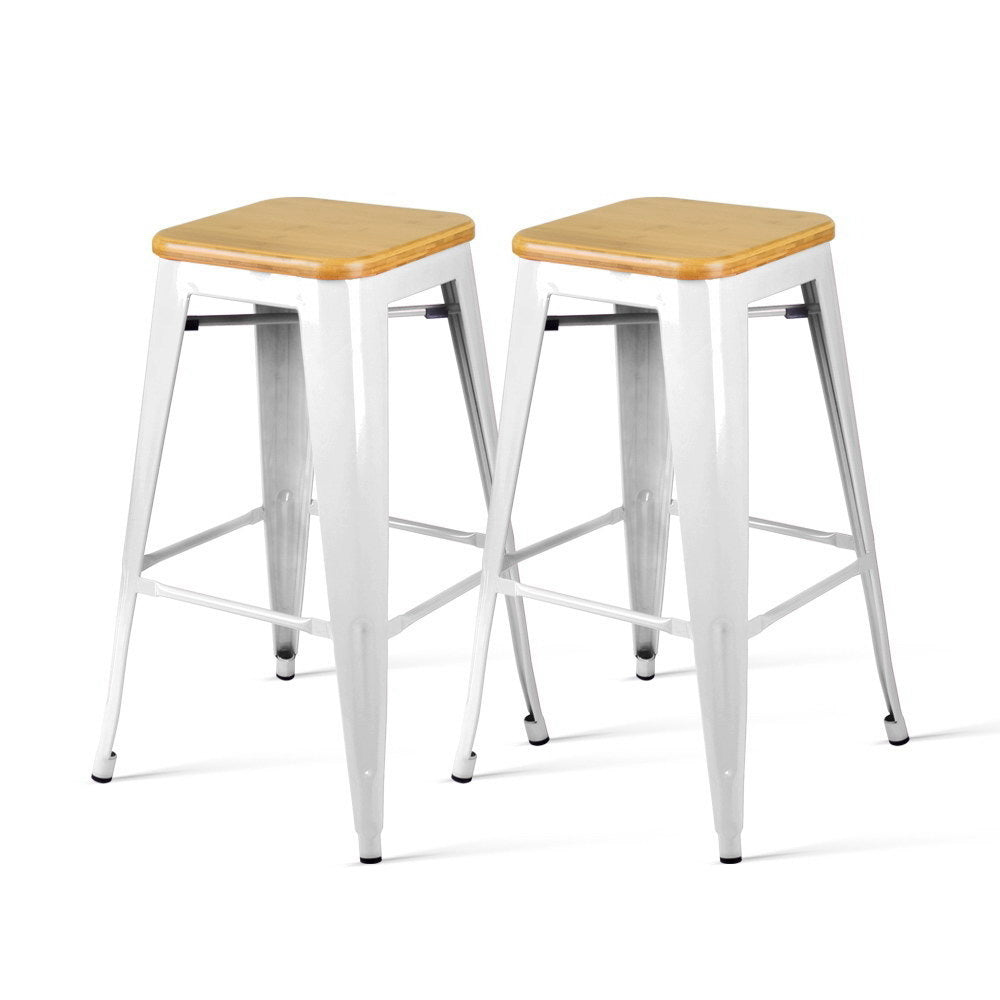 Set of 2 White Metal and Bamboo Tolix-Inspired Bar Stools by Artiss