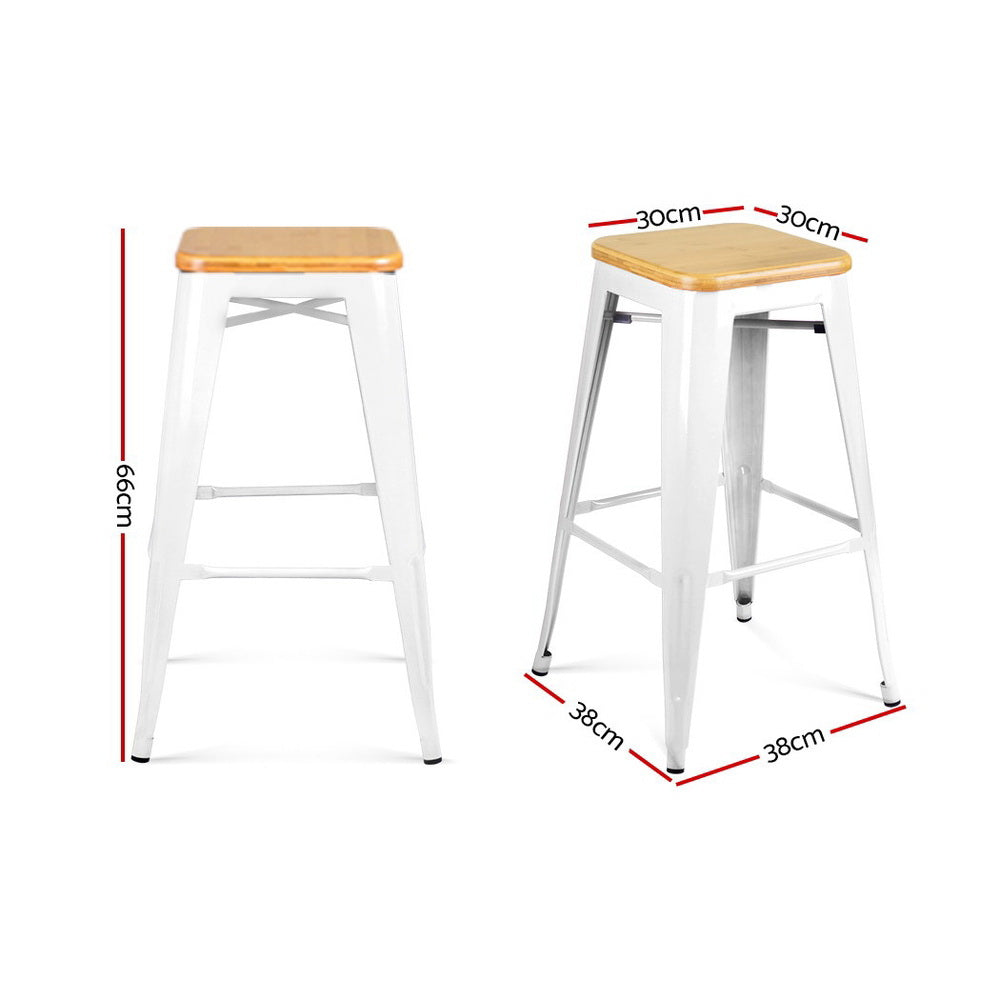 Set of 2 White Metal and Bamboo Tolix-Inspired Bar Stools by Artiss