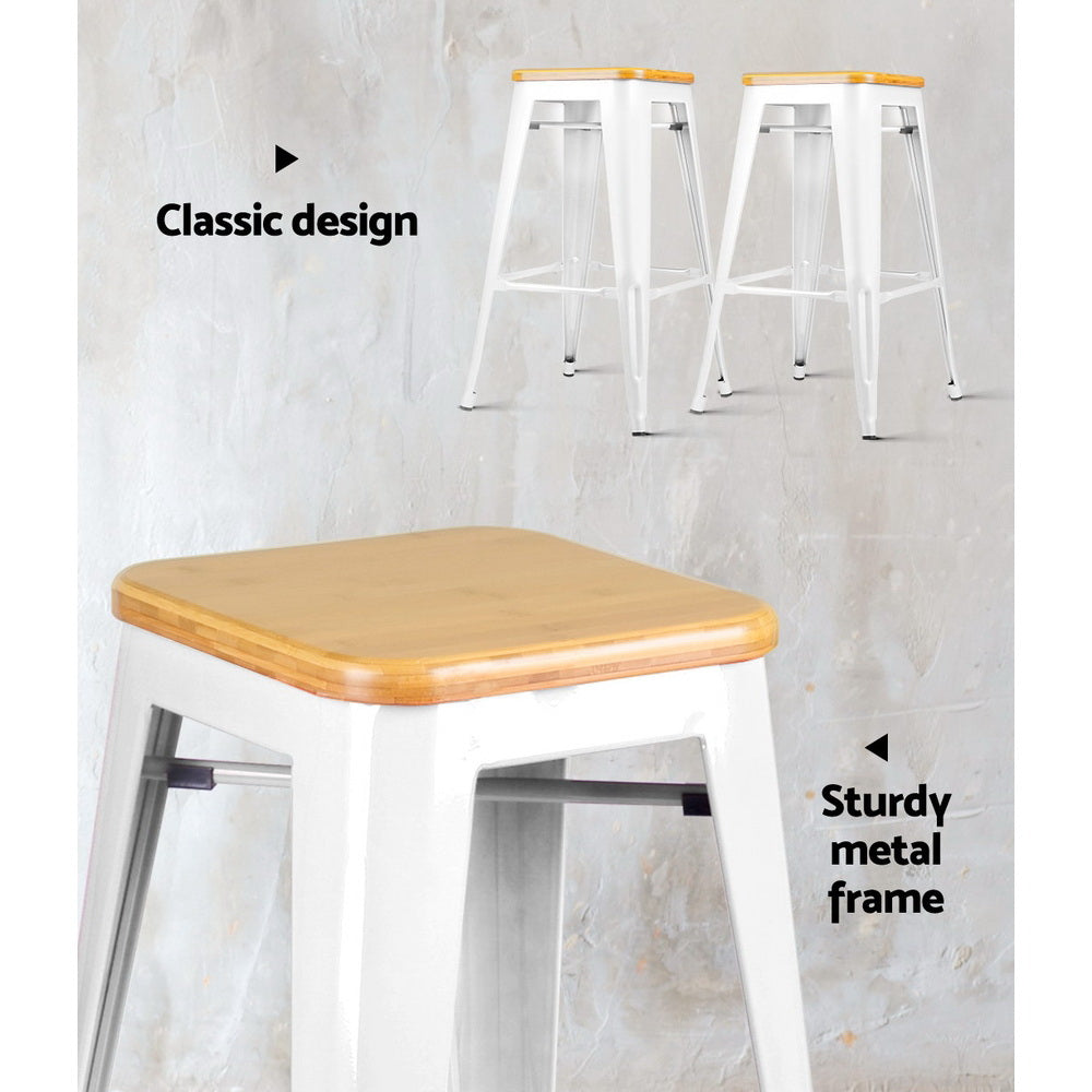 Set of 2 White Metal and Bamboo Tolix-Inspired Bar Stools by Artiss