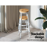 Set of 2 Industrial-Style Stackable Wooden Bar Stools - White and Natural Wood - Close-Up Angle