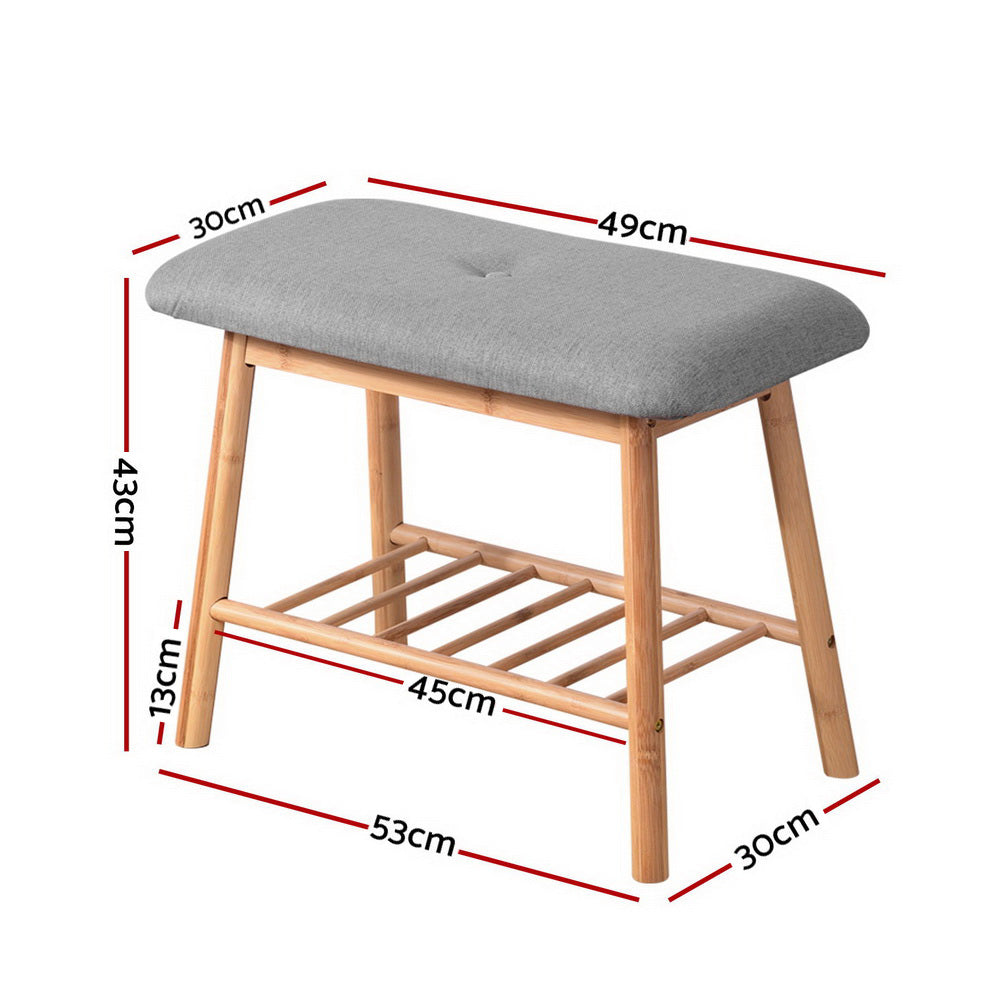 Bamboo Grey Shoe Rack Bench with Padded Seat and Storage Shelf