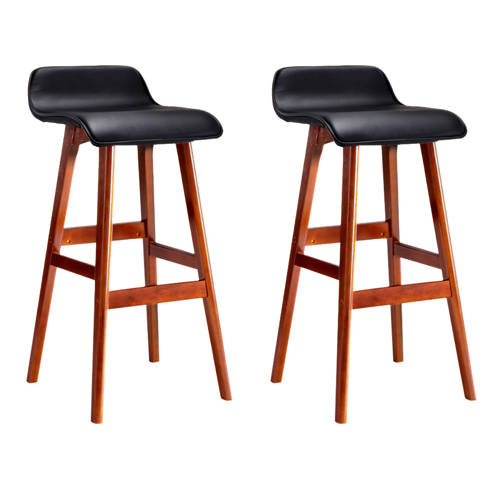 Set of 2 Black PU Leather and Wood Wave Design Bar Stools