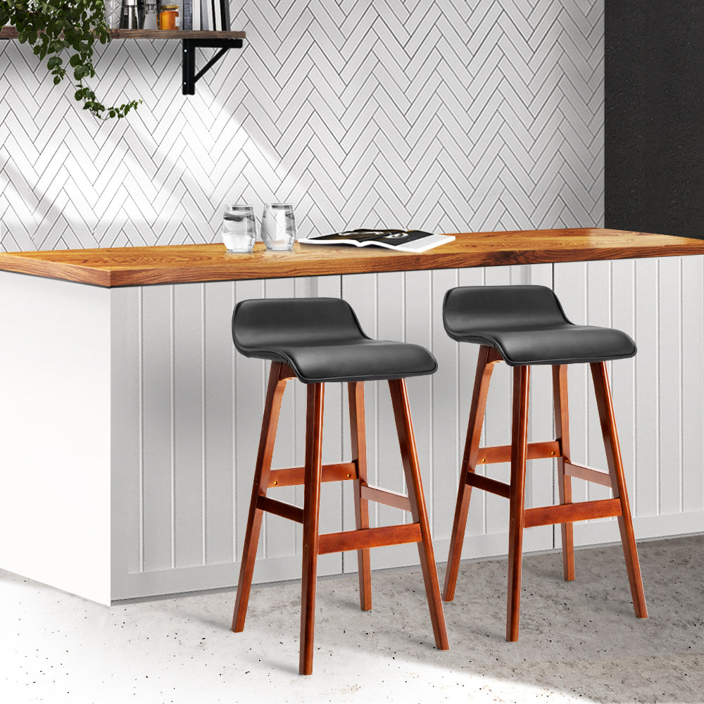 Set of 2 Black PU Leather and Wood Wave Design Bar Stools