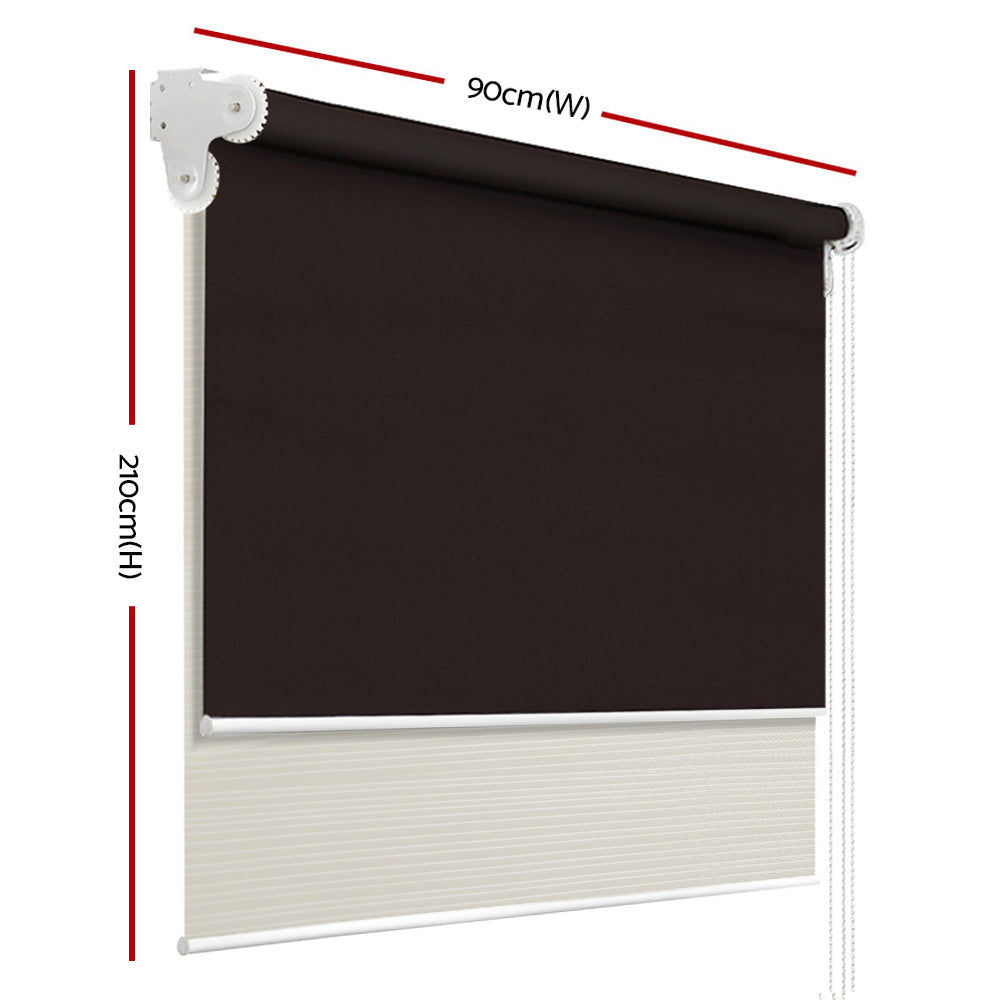 Stylish Dual-Function Blockout Roller Blinds with Sheer Sunscreen - 0.9x2.1M in Cream & Coffee