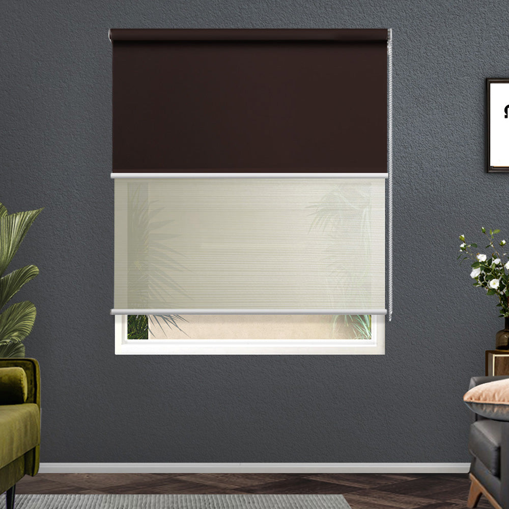 Stylish Dual-Function Blockout Roller Blinds with Sheer Sunscreen - 0.9x2.1M in Cream & Coffee