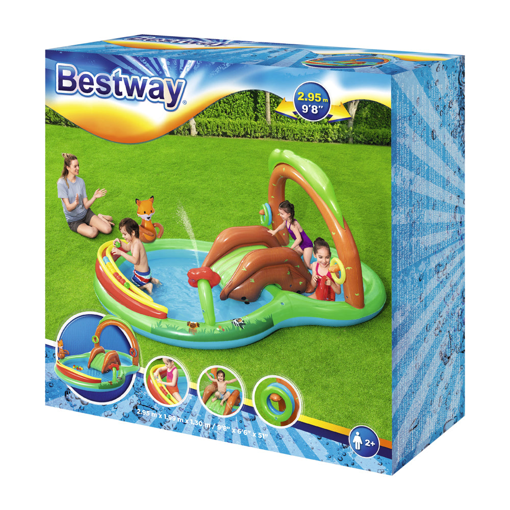 Bestway Inflatable Friendly Woods Play Pool for Kids with Slide and Sprinkler