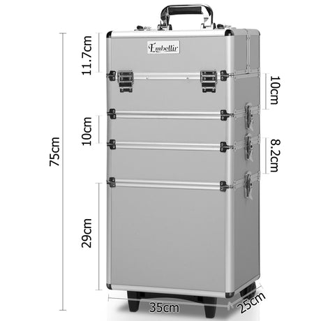 Silver 7-in-1 Portable Makeup Trolley Case with Adjustable Dividers