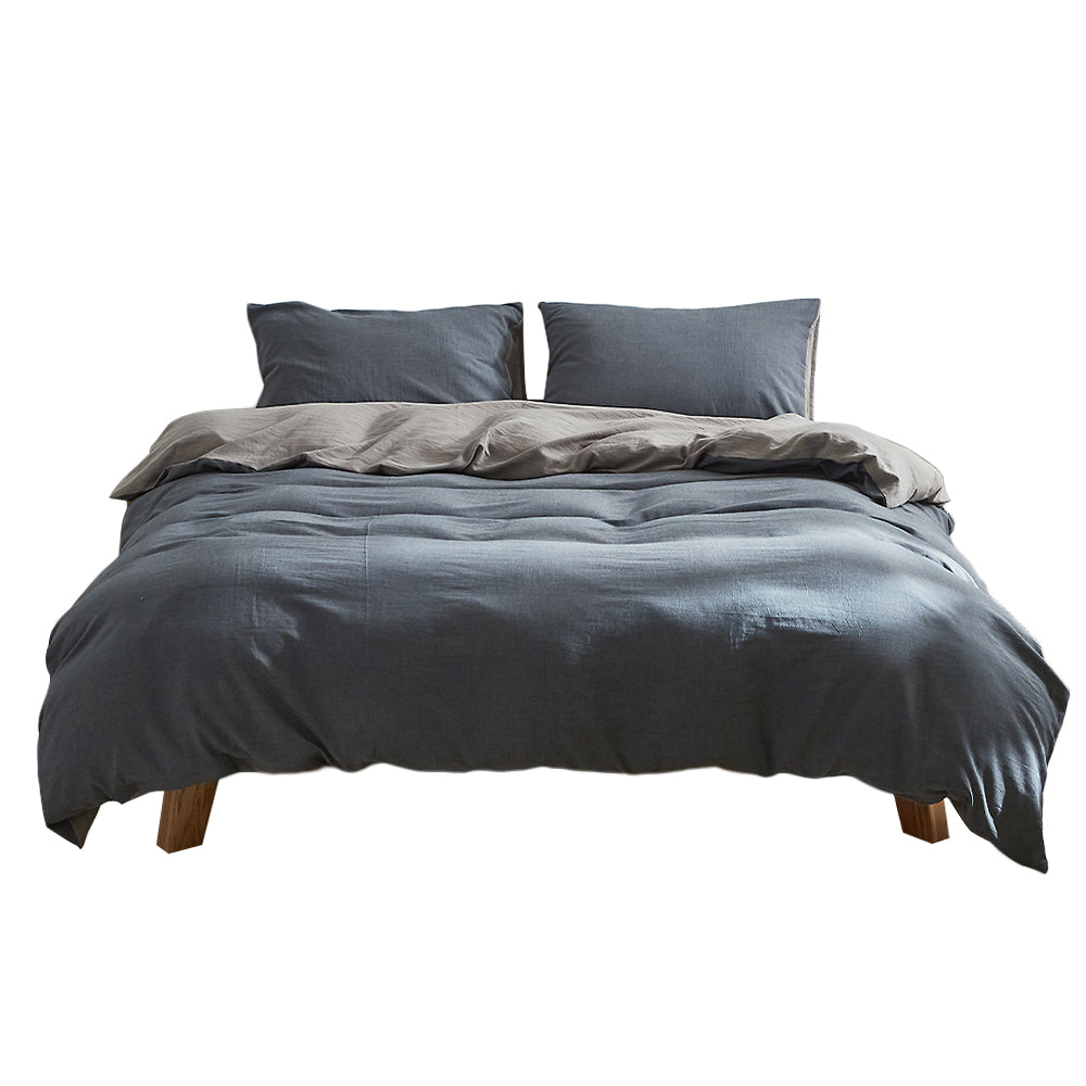 Chic Dark Grey and Blue Double Quilt Cover Set in Soft Washed Cotton