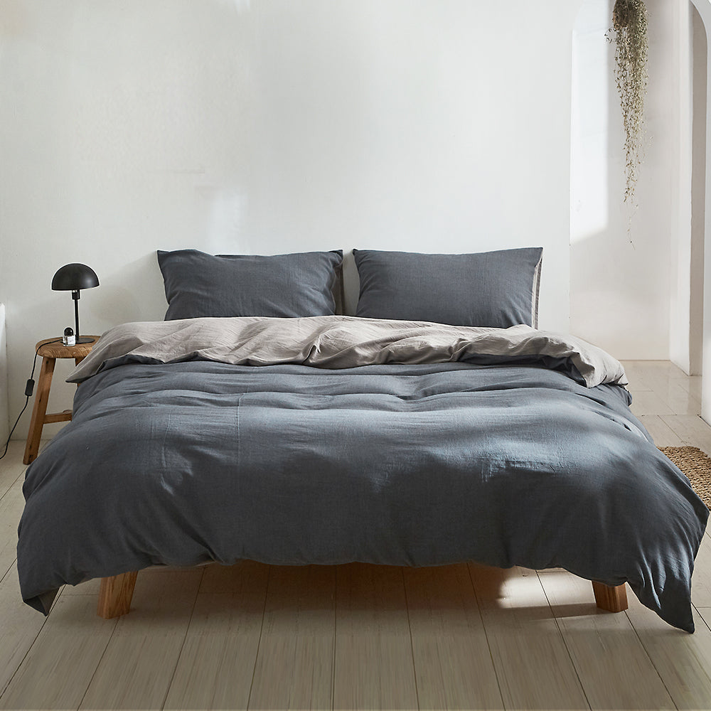 Chic Dark Grey and Blue Double Quilt Cover Set in Soft Washed Cotton