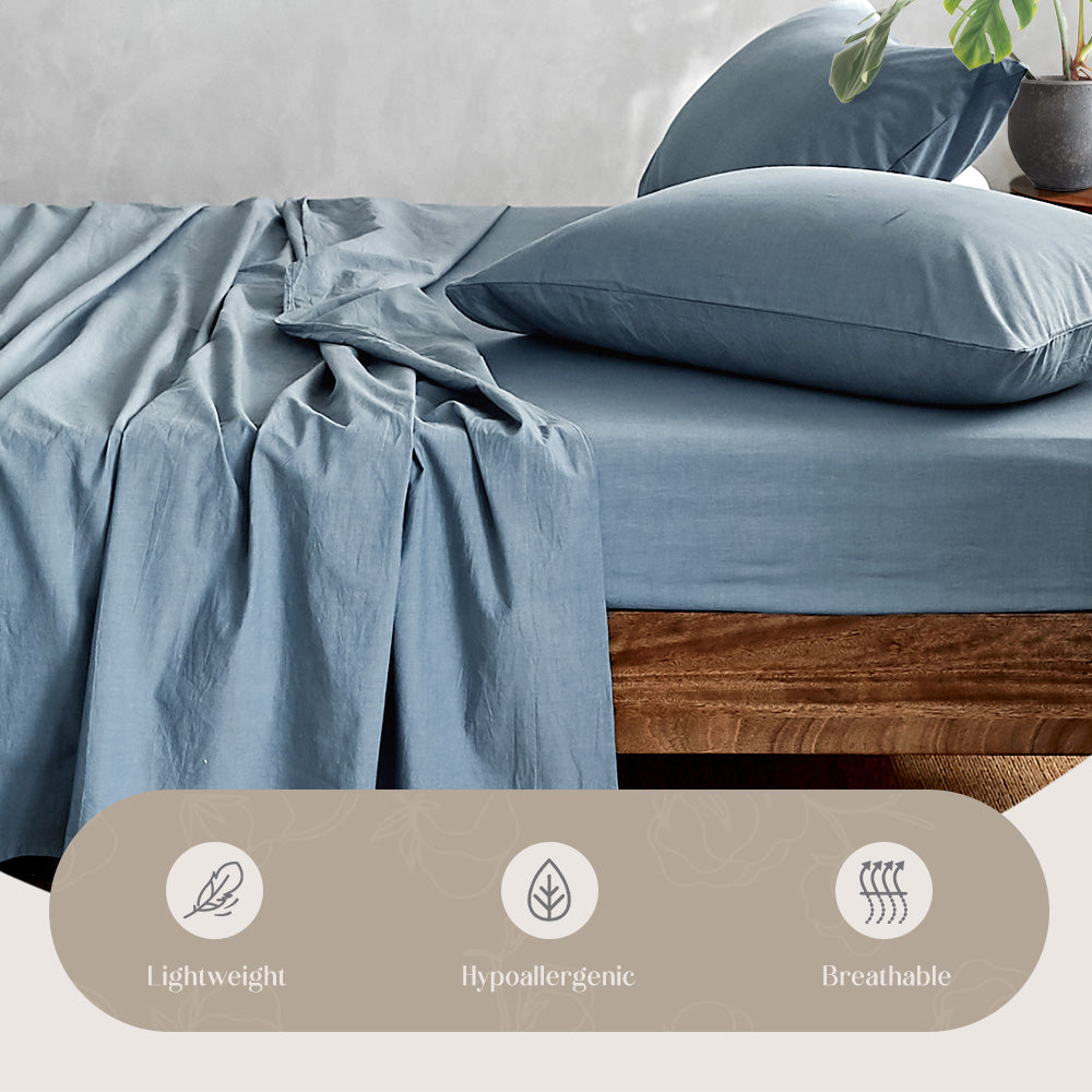 Premium Blue Cotton Sheet Set for Single Beds - Includes Flat Sheet & Pillowcase