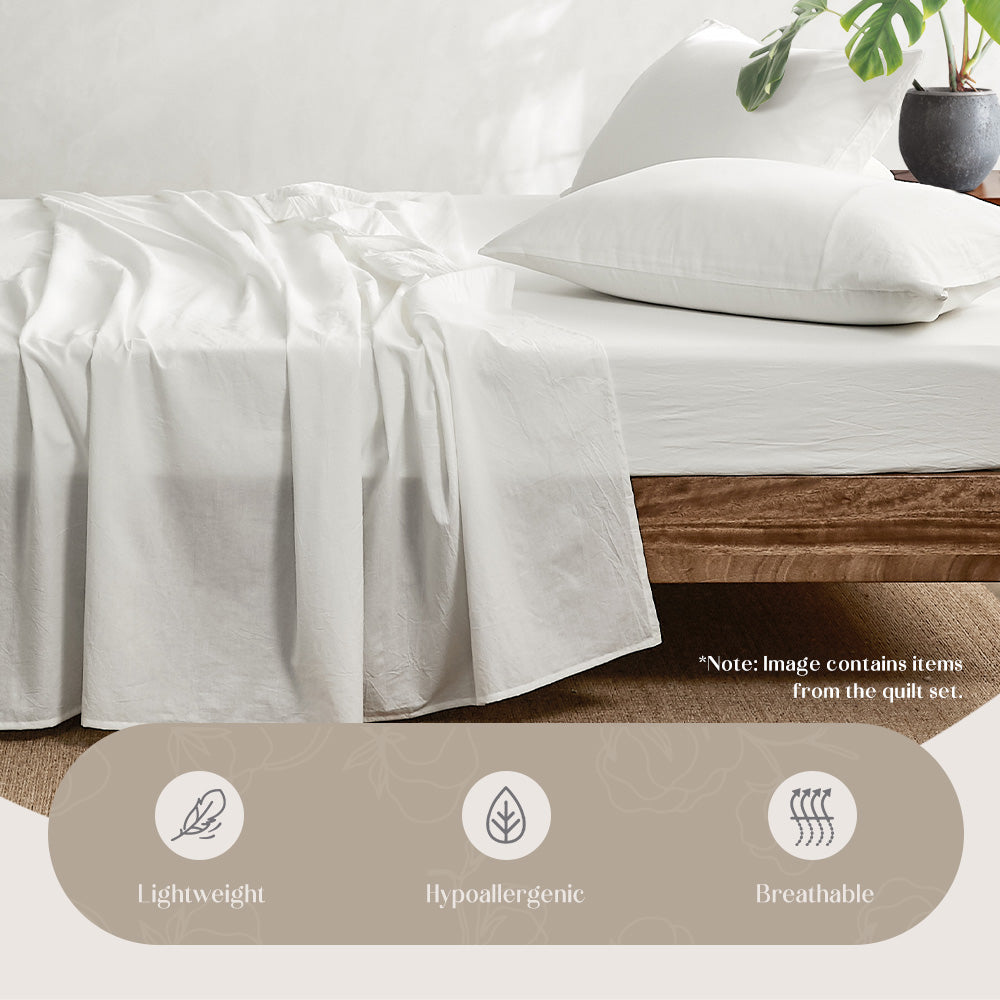 Soft & Breathable Washed Cotton Single Sheet Set in White