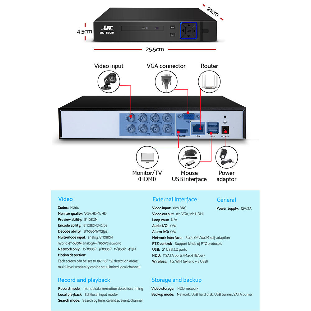 UL-TECH 8 Channel 1080P 5-in-1 DVR Security Camera System with 4 Infrared Night Vision Cameras