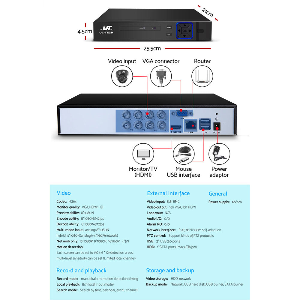 Advanced UL-Tech 8CH 1080P Home Surveillance System with 8 Dome Cameras and Remote Access