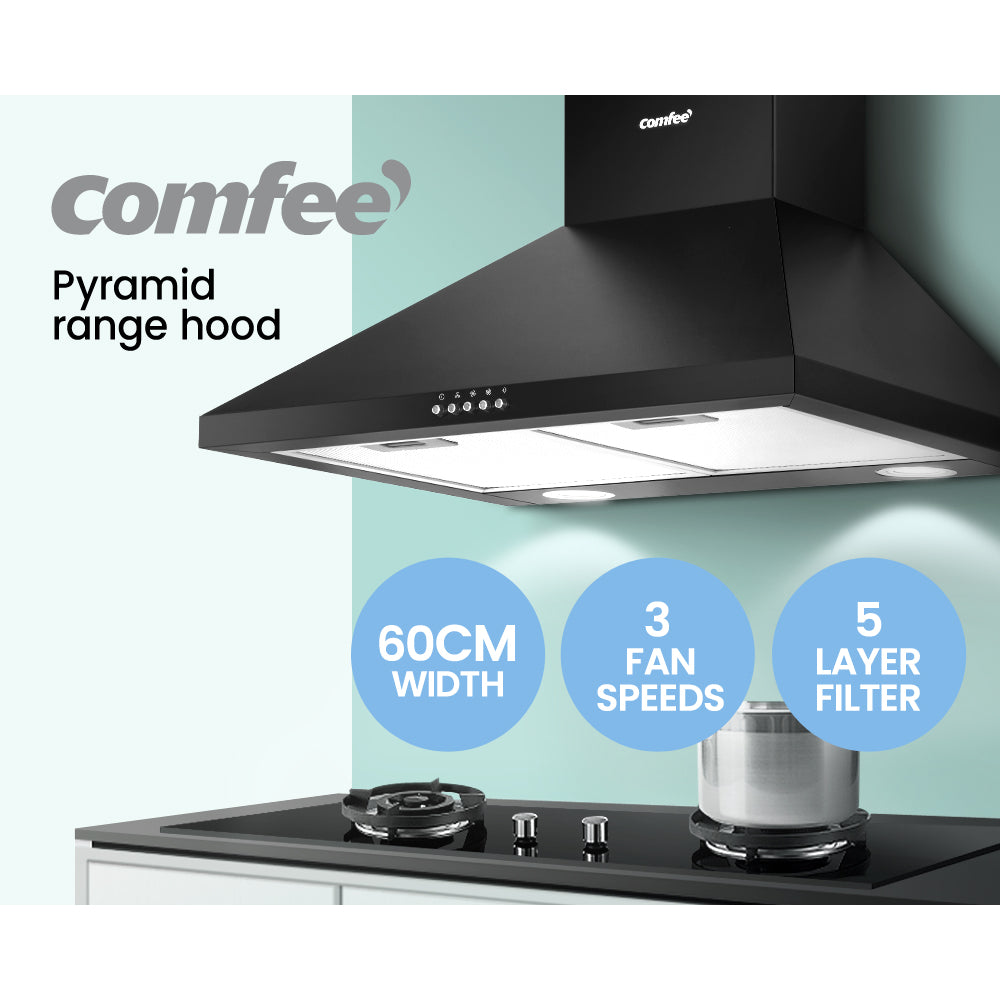 Comfee 60cm Wall-Mounted Canopy Range Hood in Black for Home Kitchens