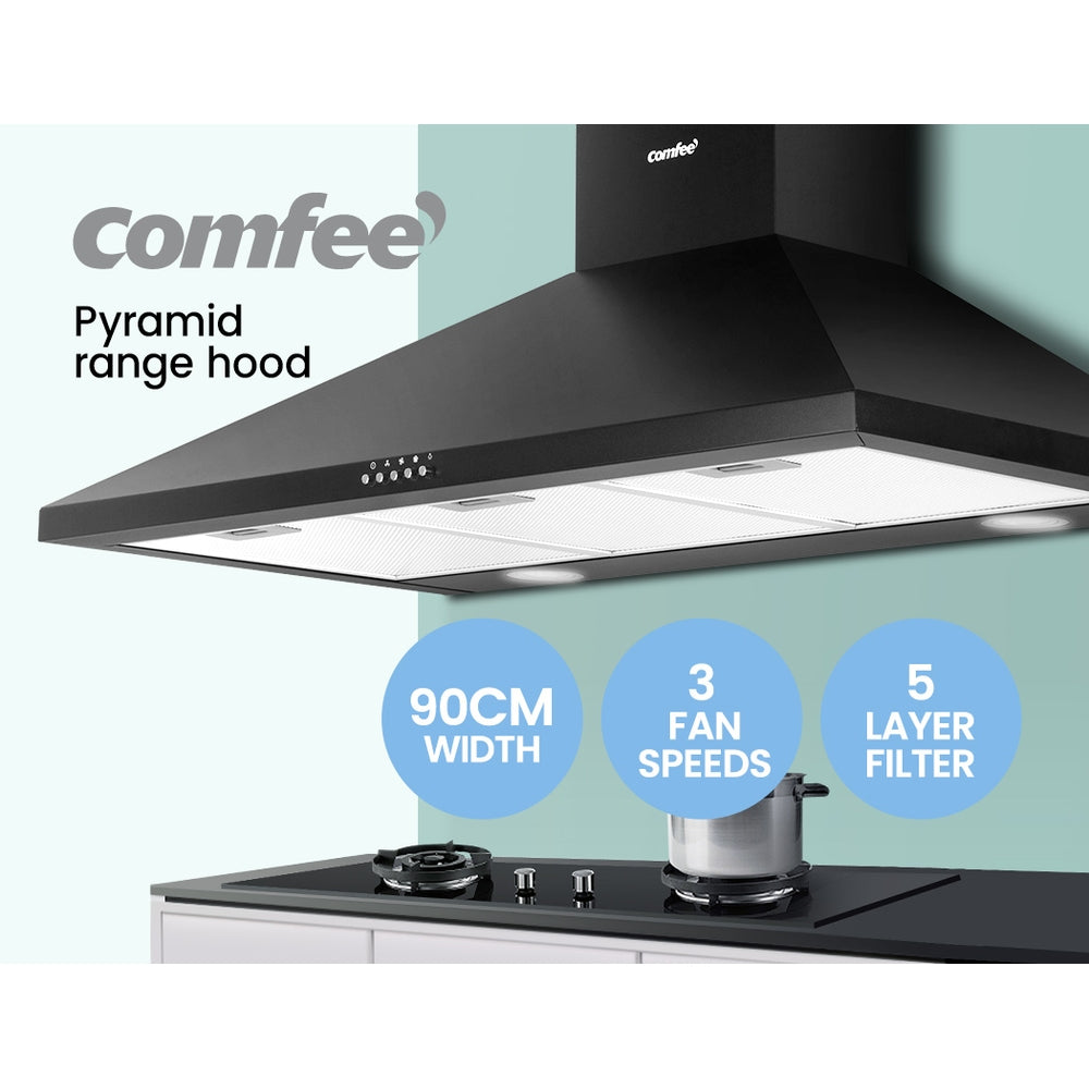 Comfee 90cm Wall-Mounted Kitchen Canopy Range Hood in Sleek Black Finish