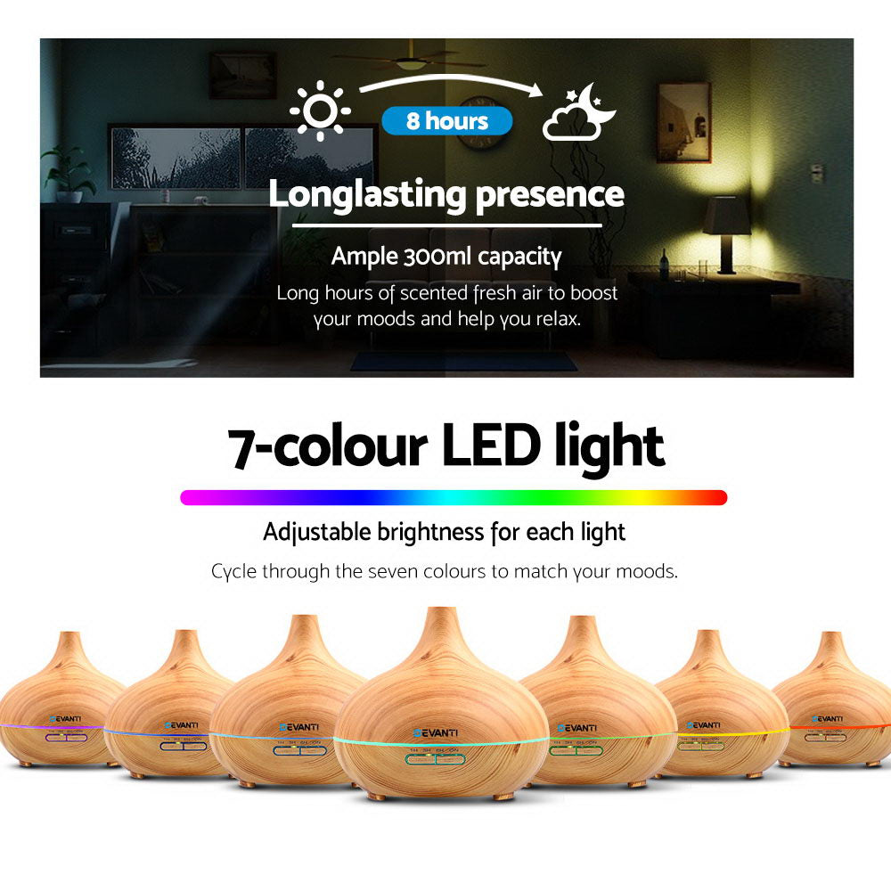 4-in-1 Light Wood Aroma Diffuser - 300ml Humidifier, Purifier, and Night Light