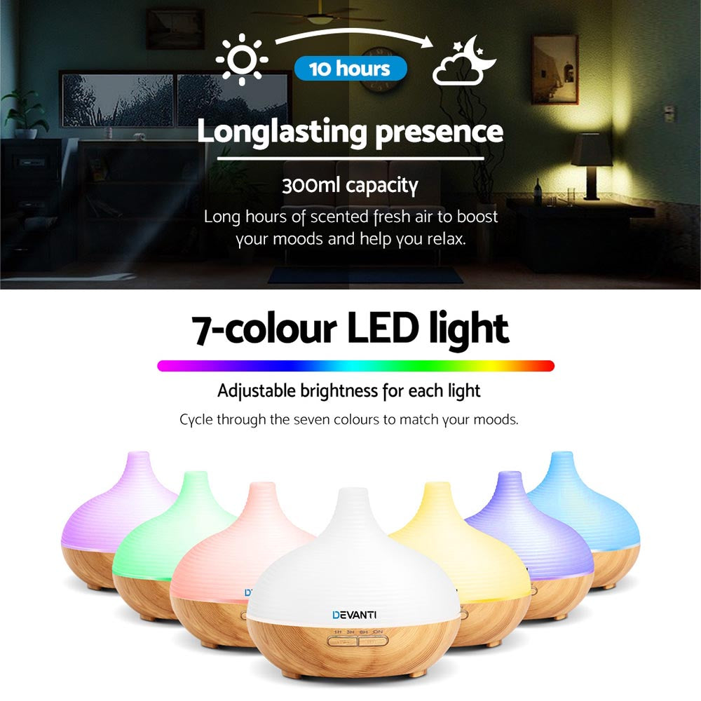 Devanti 4-in-1 Aroma Diffuser and Humidifier with 7-Color Night Light - 300ml Capacity