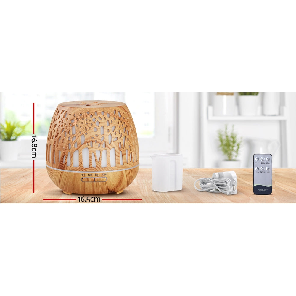 Devanti 4-in-1 Ultrasonic Aroma Diffuser with Remote Control - 400ml Wood Grain Humidifier and Night Light