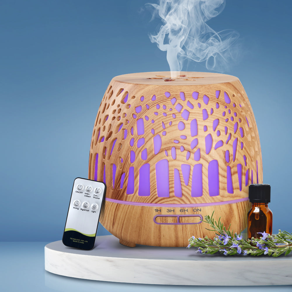 Devanti 4-in-1 Ultrasonic Aroma Diffuser with Remote Control - 400ml Wood Grain Humidifier and Night Light