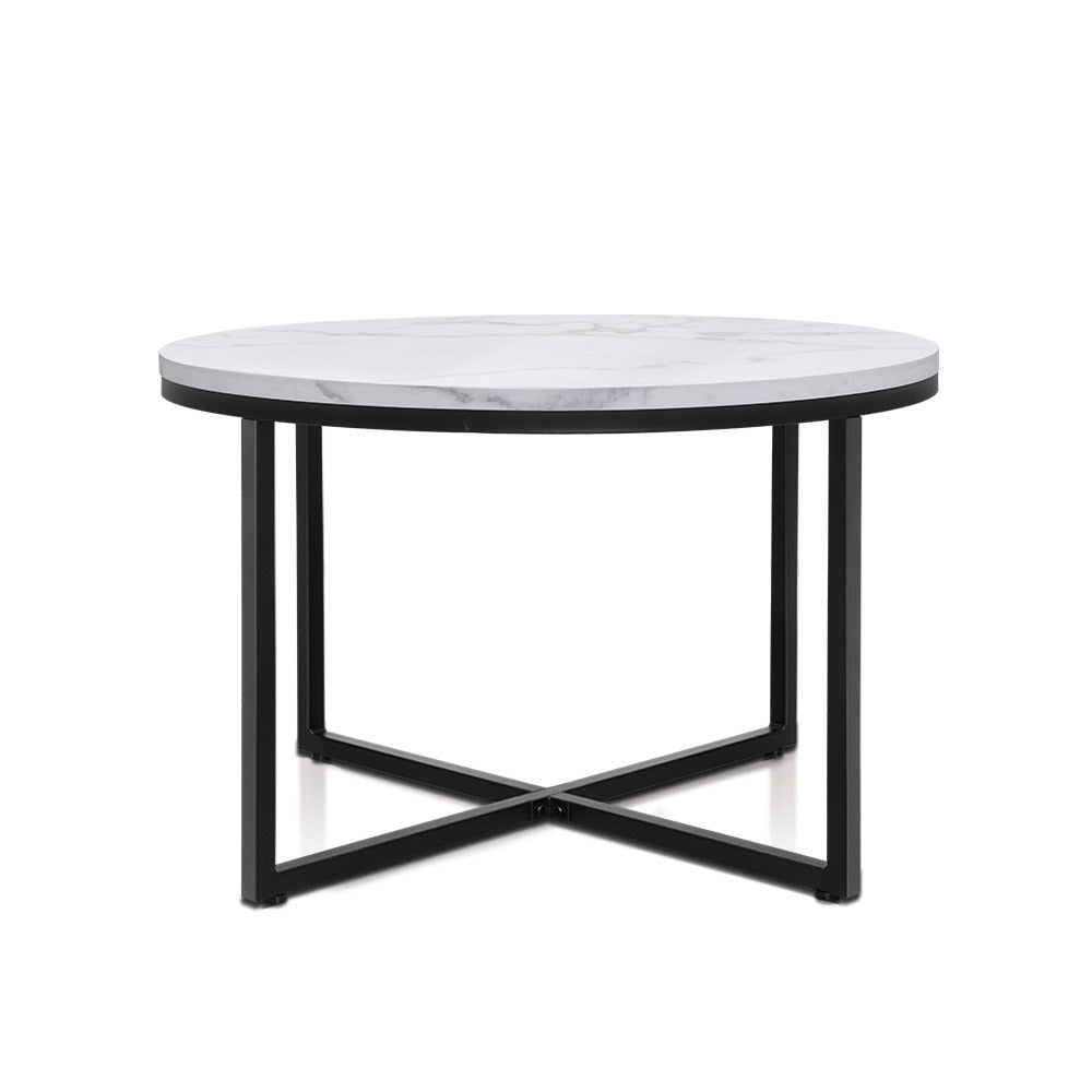 Round Marble-Inspired Coffee Table with Black Metal Base - 70x70cm