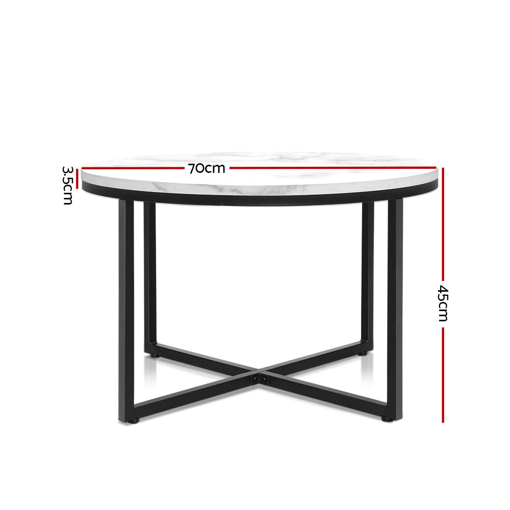 Round Marble-Inspired Coffee Table with Black Metal Base - 70x70cm