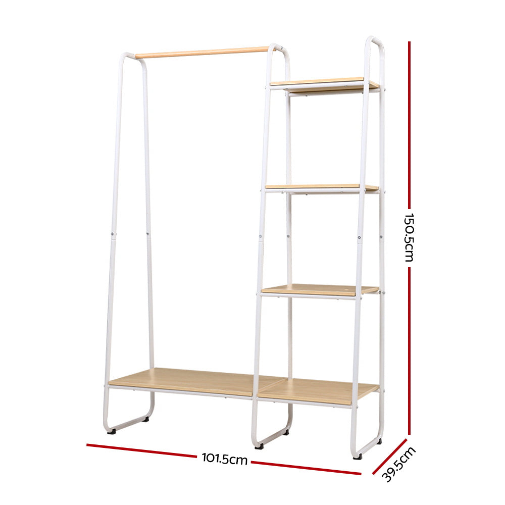 Stylish Metal Clothes Rack with Shelves - White Garment Organizer and Hanger Stand