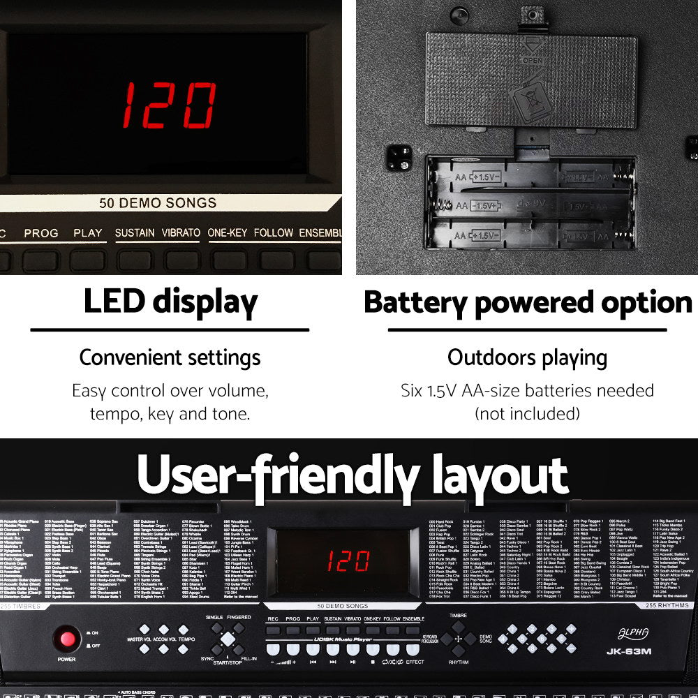 Alpha 61-Key LED Electric Piano Keyboard with Adjustable Stand and USB Connectivity