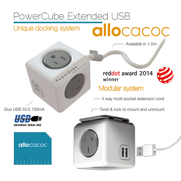 Allocacoc PowerCube Extended USB Power Hub with 4 Outlets and 2 USB Ports - Grey-White, 1.5m Cable