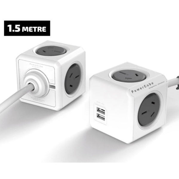 Allocacoc PowerCube Extended USB Power Hub with 4 Outlets and 2 USB Ports - Grey-White, 1.5m Cable