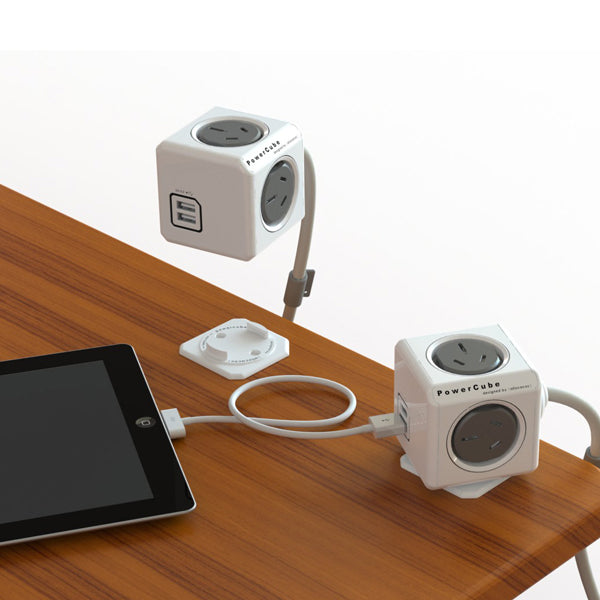 ALLOCACOC PowerCube USB Extended with 4 Outlets and 2 USB Ports - Grey, 1.5M Cable (Twin Pack)