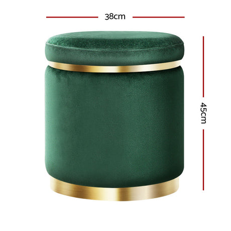 Velvet Green Round Pouffe Ottoman Footstool with Gold Accents