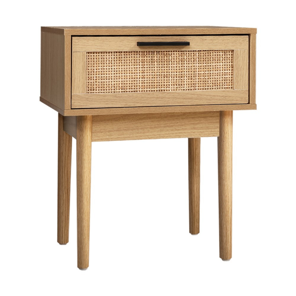 Rattan-Inspired Modern Bedside Table with Drawer and Storage Space