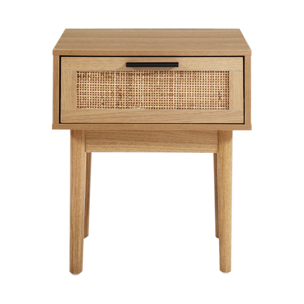 Rattan-Inspired Modern Bedside Table with Drawer and Storage Space