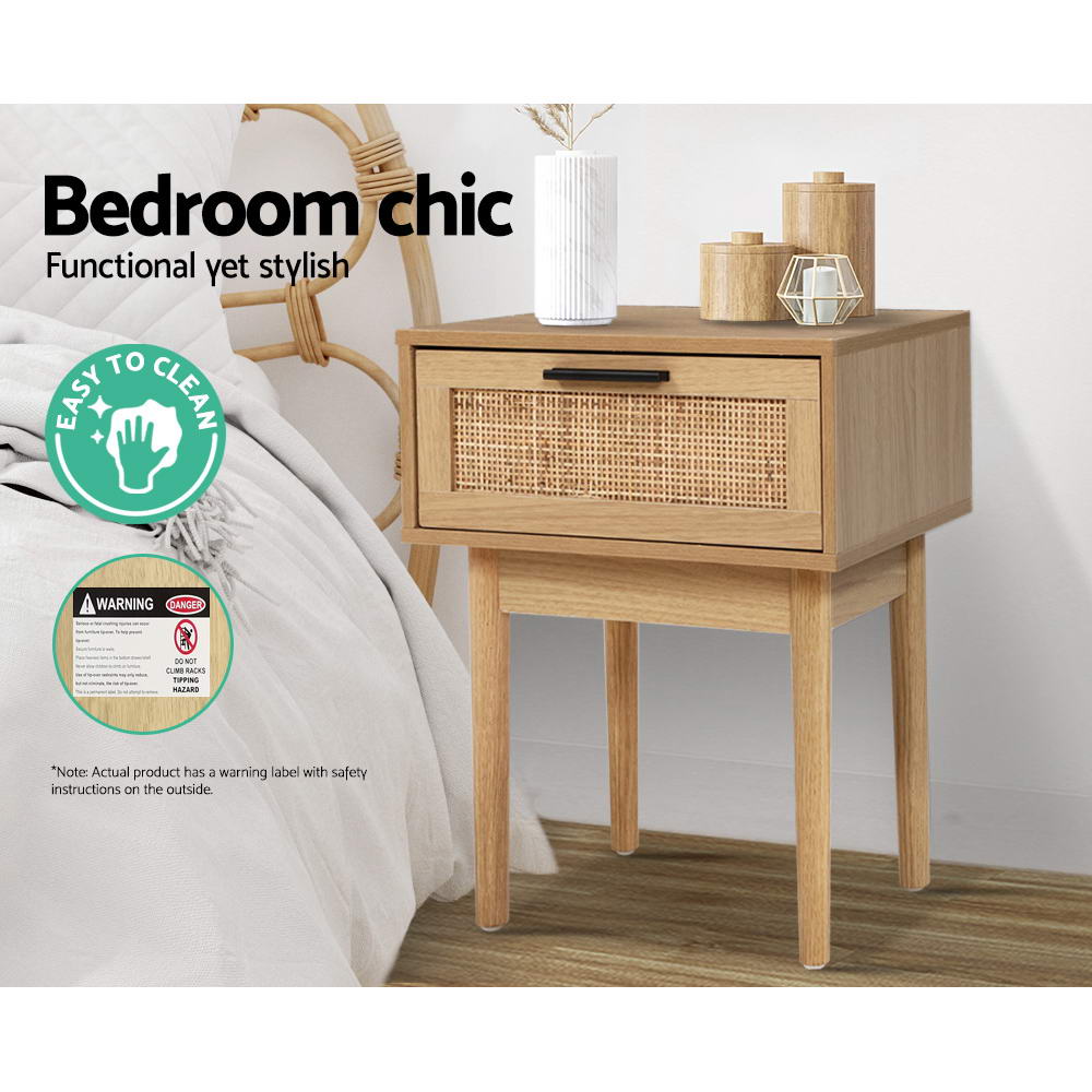 Rattan-Inspired Modern Bedside Table with Drawer and Storage Space