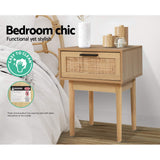 Rattan-Inspired Modern Bedside Table with Drawer and Storage Space - Rear View