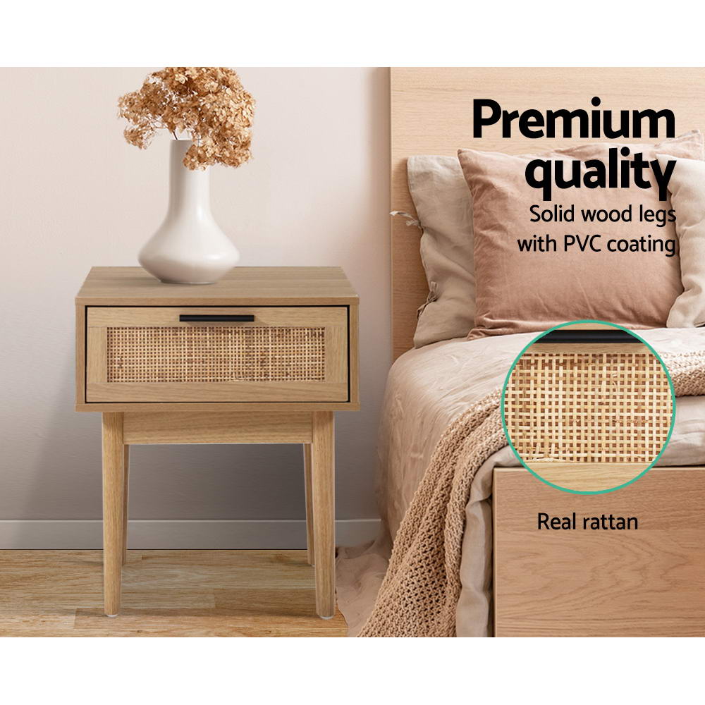 Rattan-Inspired Modern Bedside Table with Drawer and Storage Space