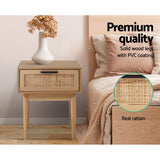 Rattan-Inspired Modern Bedside Table with Drawer and Storage Space - Close-Up Angle