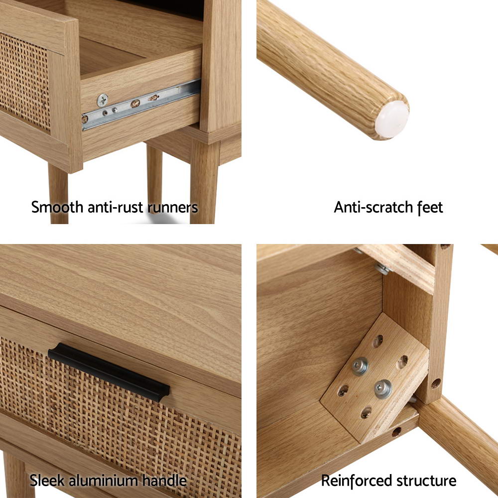 Rattan-Inspired Modern Bedside Table with Drawer and Storage Space