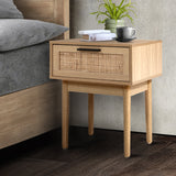 Rattan-Inspired Modern Bedside Table with Drawer and Storage Space