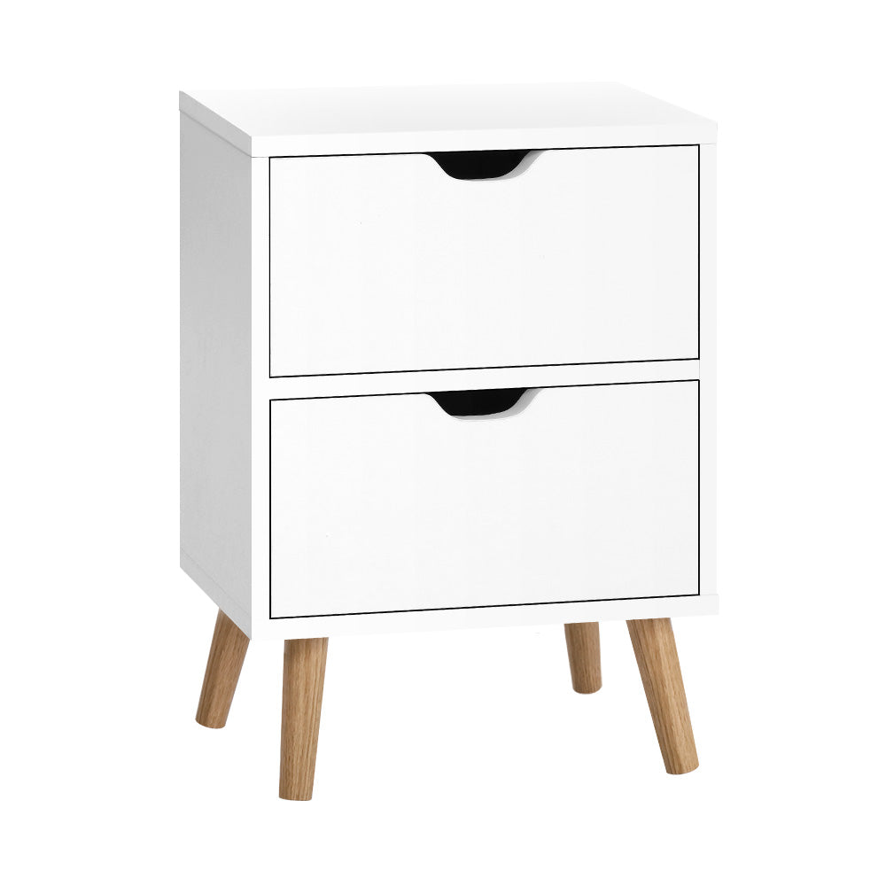 Scandinavian-Style White Bedside Table with Two Drawers and Splayed Legs