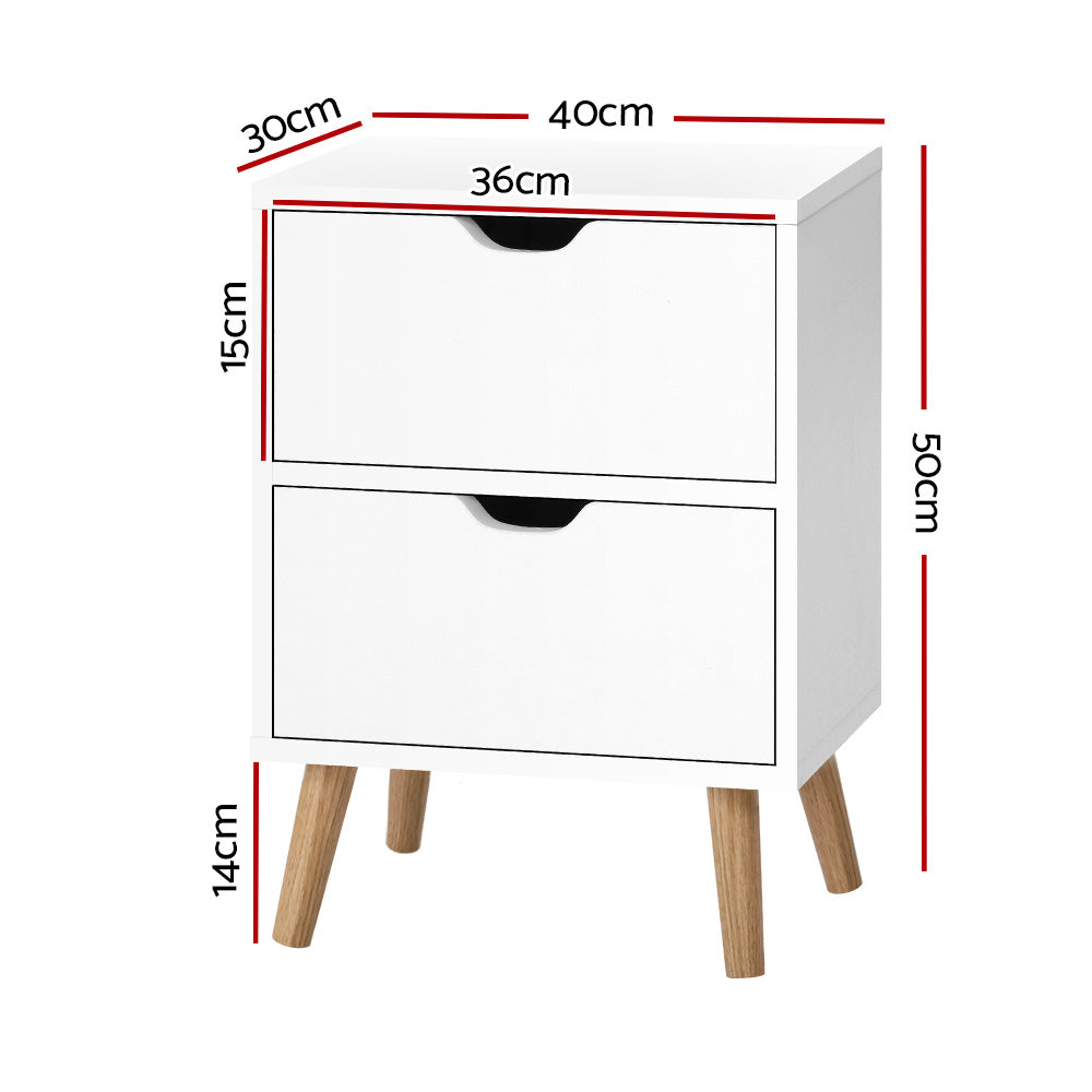 Scandinavian-Style White Bedside Table with Two Drawers and Splayed Legs