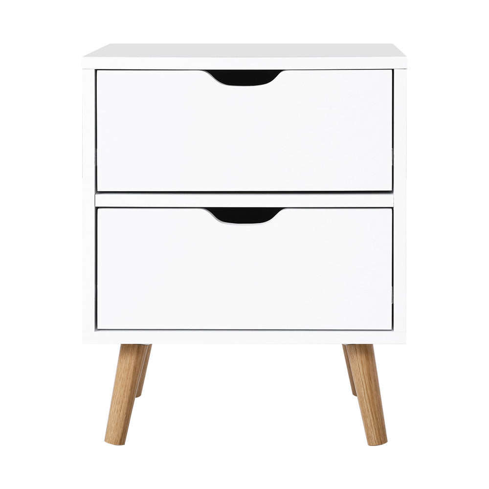 Scandinavian-Style White Bedside Table with Two Drawers and Splayed Legs